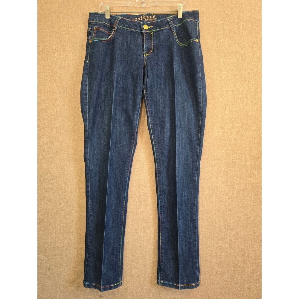 Southpole Women's Y2K Straight Leg JeansBlue Rainbow Contrast Stitch Embroidered
